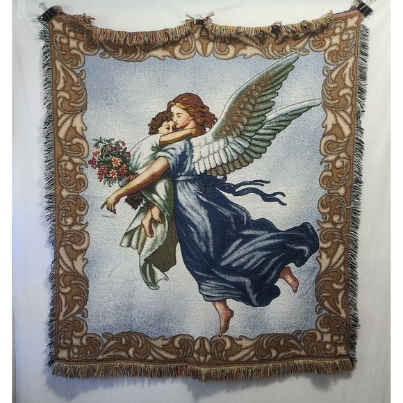 Vintage American Weavers The Guardian Angel Tapestry Throw Blanket 50x55